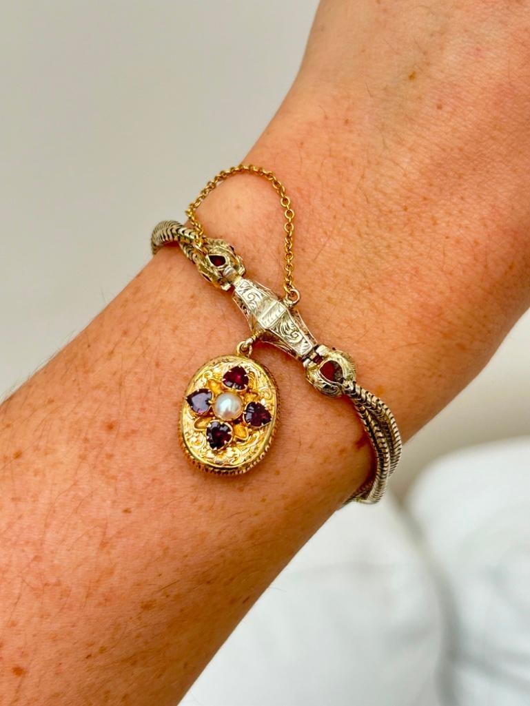 Outstanding Antique Snake Link Bracelet with Garnet and Pearl Locket Back Drop in Antique Fitted Box - 7