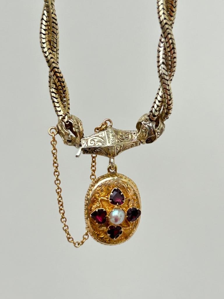 Outstanding Antique Snake Link Bracelet with Garnet and Pearl Locket Back Drop in Antique Fitted Box - 9