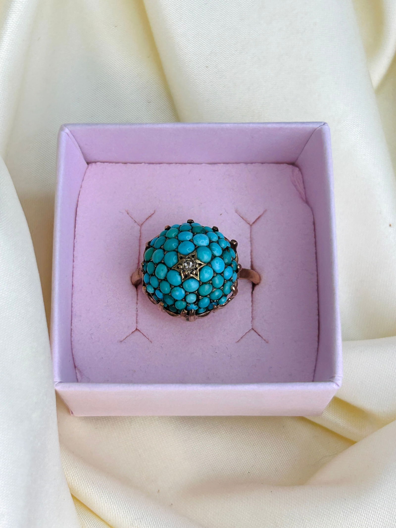 Antique Victorian Turquoise and Diamond Bombe Ring in 9ct Gold - 7