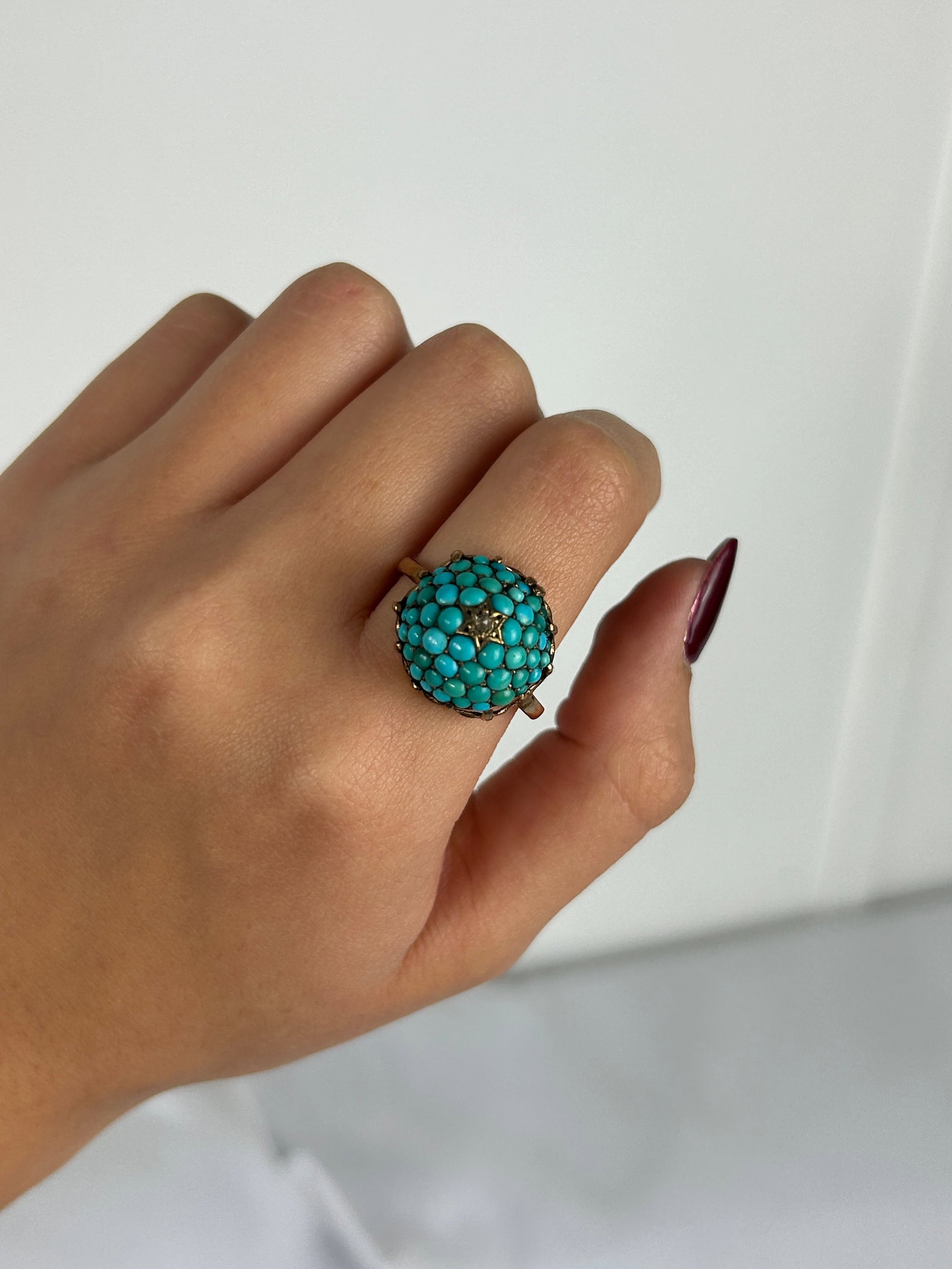 Antique Victorian Turquoise and Diamond Bombe Ring in 9ct Gold - 8