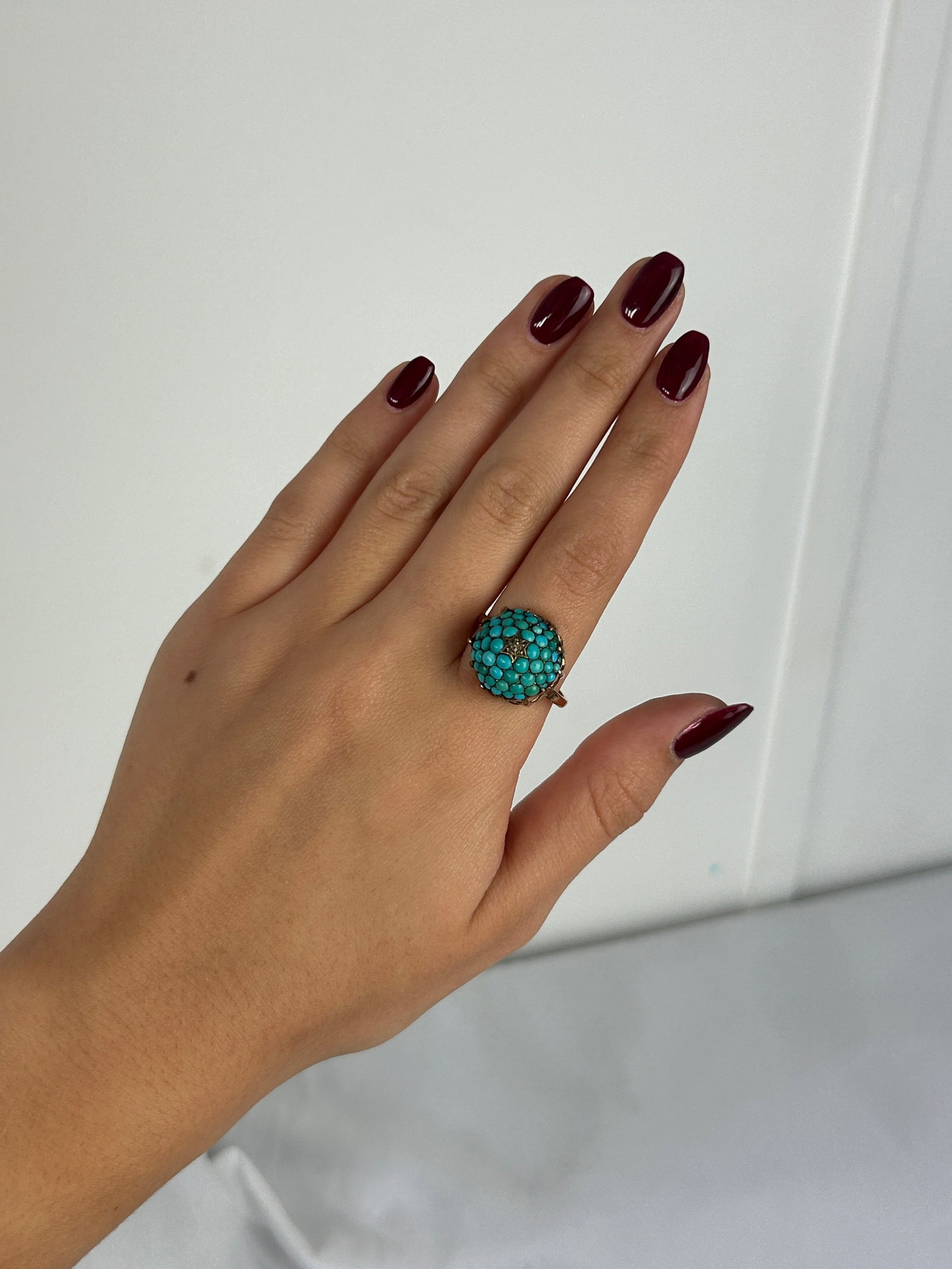 Antique Victorian Turquoise and Diamond Bombe Ring in 9ct Gold - 9