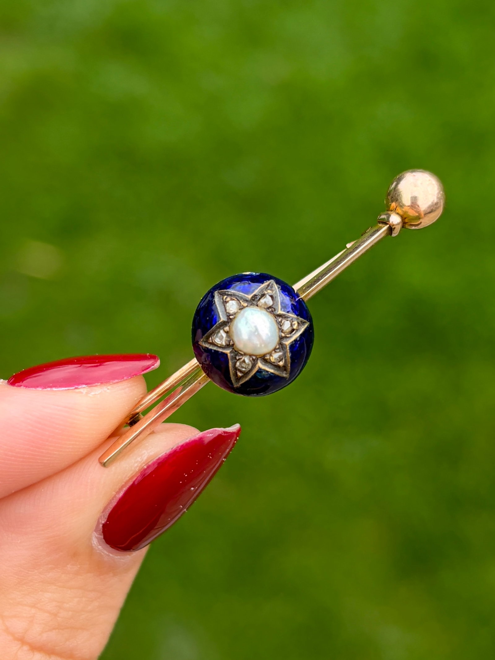Antique 9ct Gold Blue Enamel, Rose Cut Diamond and Pearl Star Brooch - 10