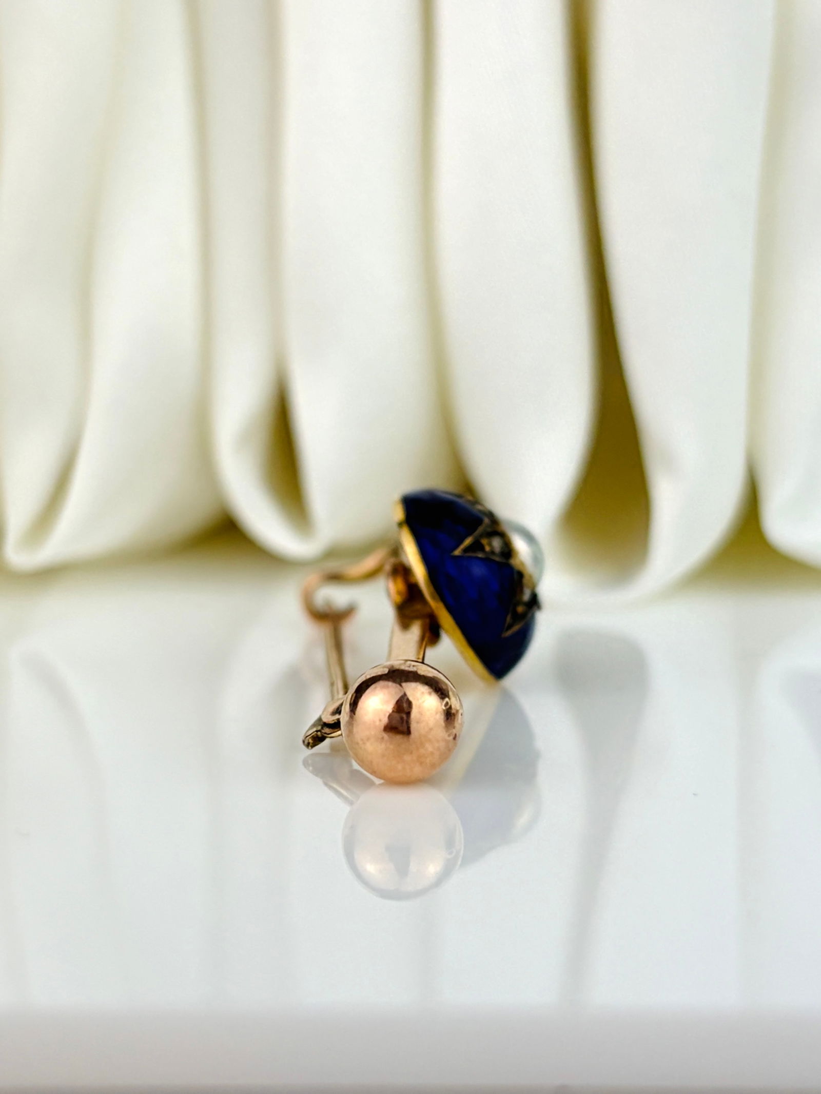 Antique 9ct Gold Blue Enamel, Rose Cut Diamond and Pearl Star Brooch - 3