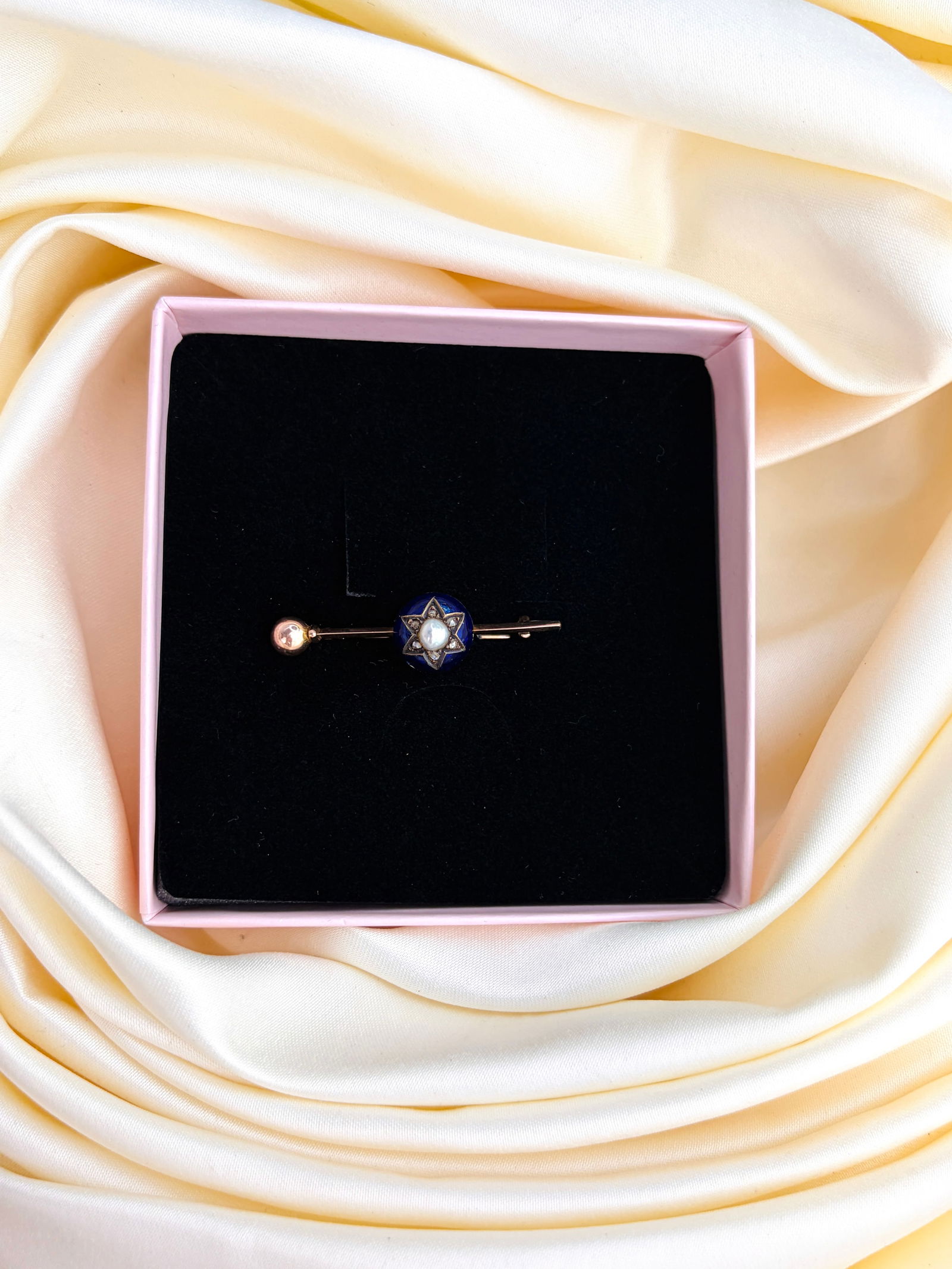 Antique 9ct Gold Blue Enamel, Rose Cut Diamond and Pearl Star Brooch - 7