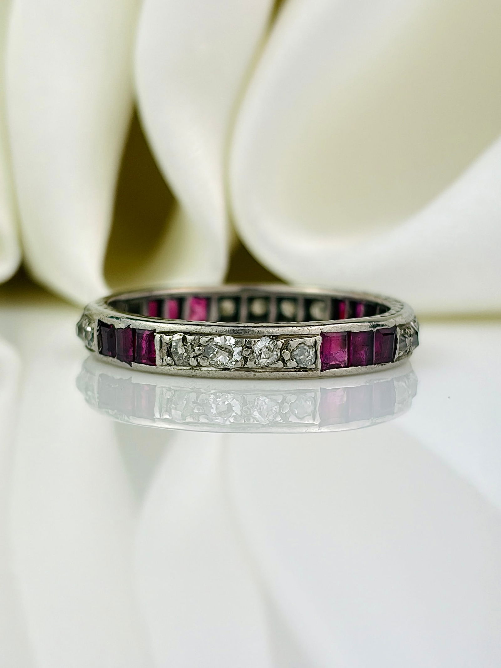 antique ruby and diamond full eternity band ring art deco era: antique ruby and diamond full eternity band ring art deco era So sweet! Weight: 3.28g Size: UK T, US 9.75, Width 3mm, Height off finger 1mm Condition: The overall condition is very