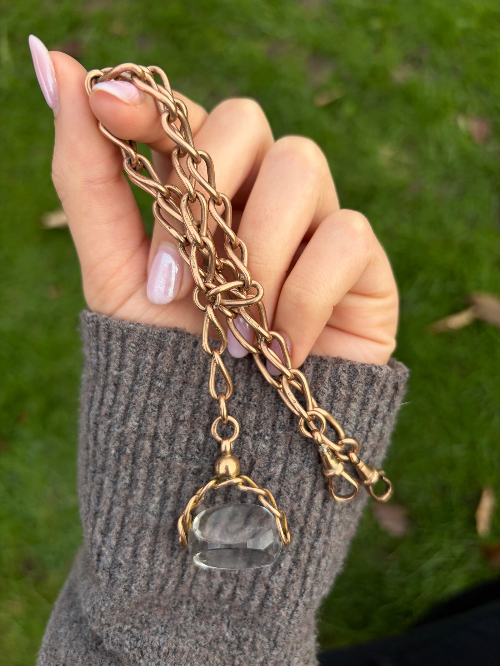 heavy antique double Albert chain necklace in 9ct gold with spinning fob seal pendant - 8