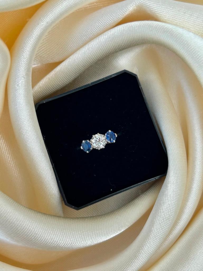 Antique 18ct Gold and Platinum Sapphire and Diamond 3 Stone Ring - 4