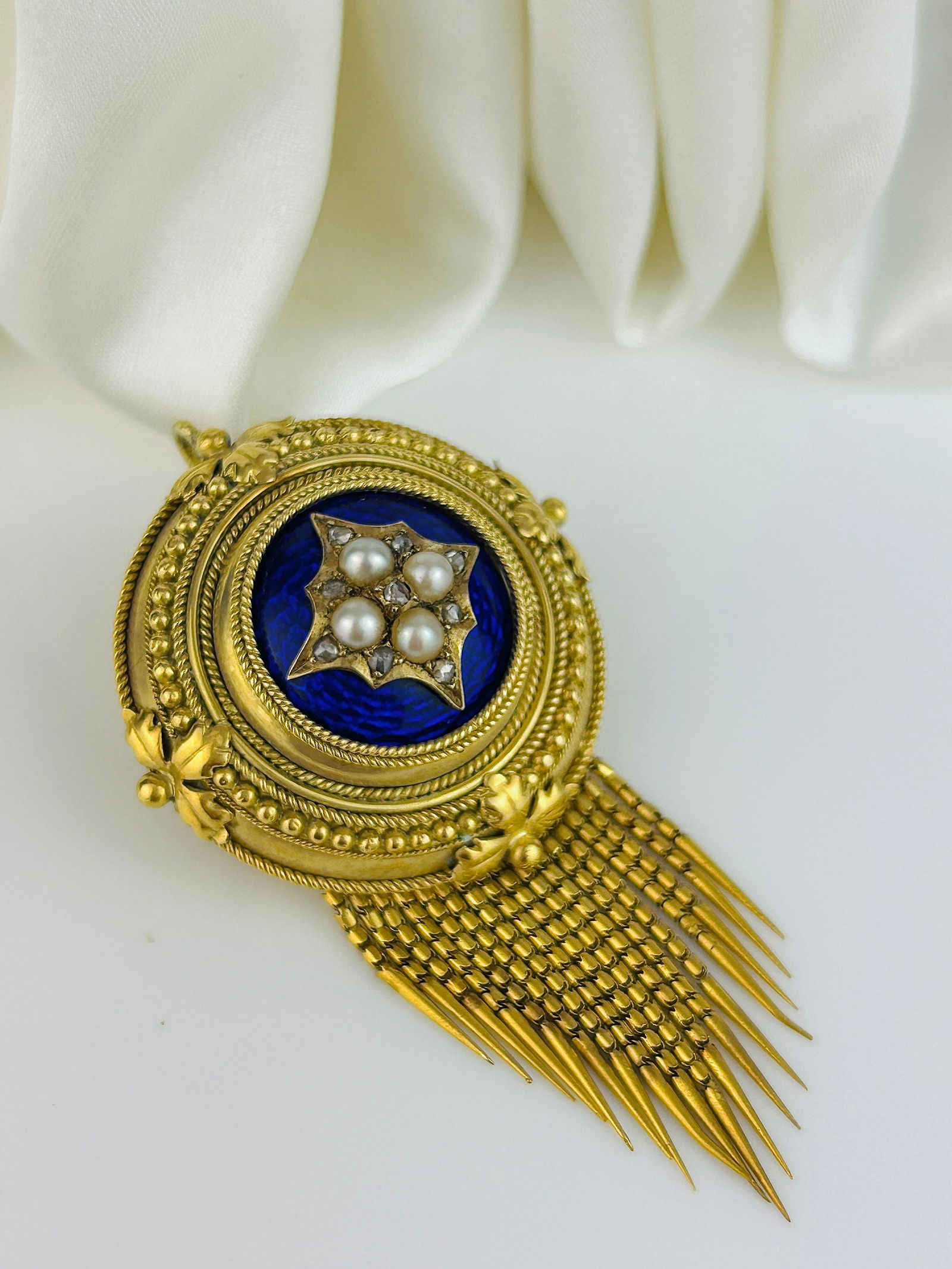 Antique Victorian Blue Enamel, Pearl and Diamond 18ct Gold Tassel Brooch - 4