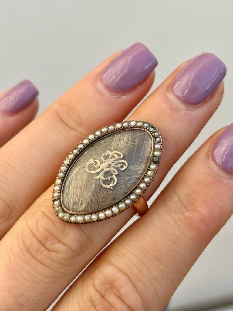 Antique Gold Large Hair Navette Ring with Pearl Surround - 2