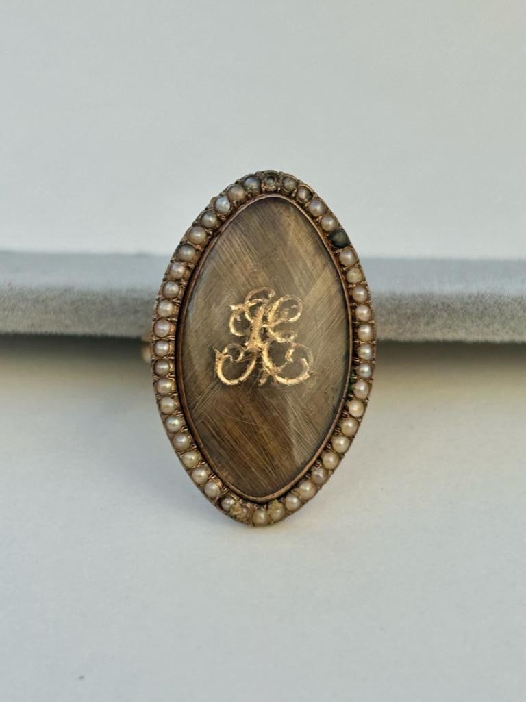 Antique Gold Large Hair Navette Ring with Pearl Surround - 4