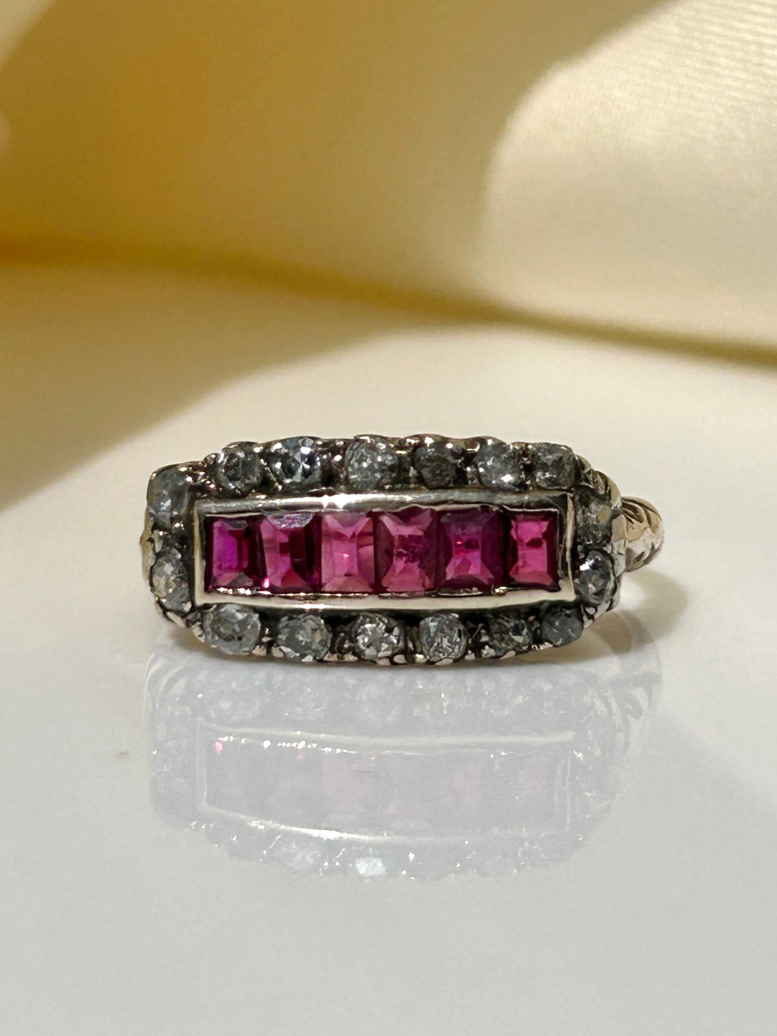 antique ruby and diamond c 1910 gold 3 row ring - 2