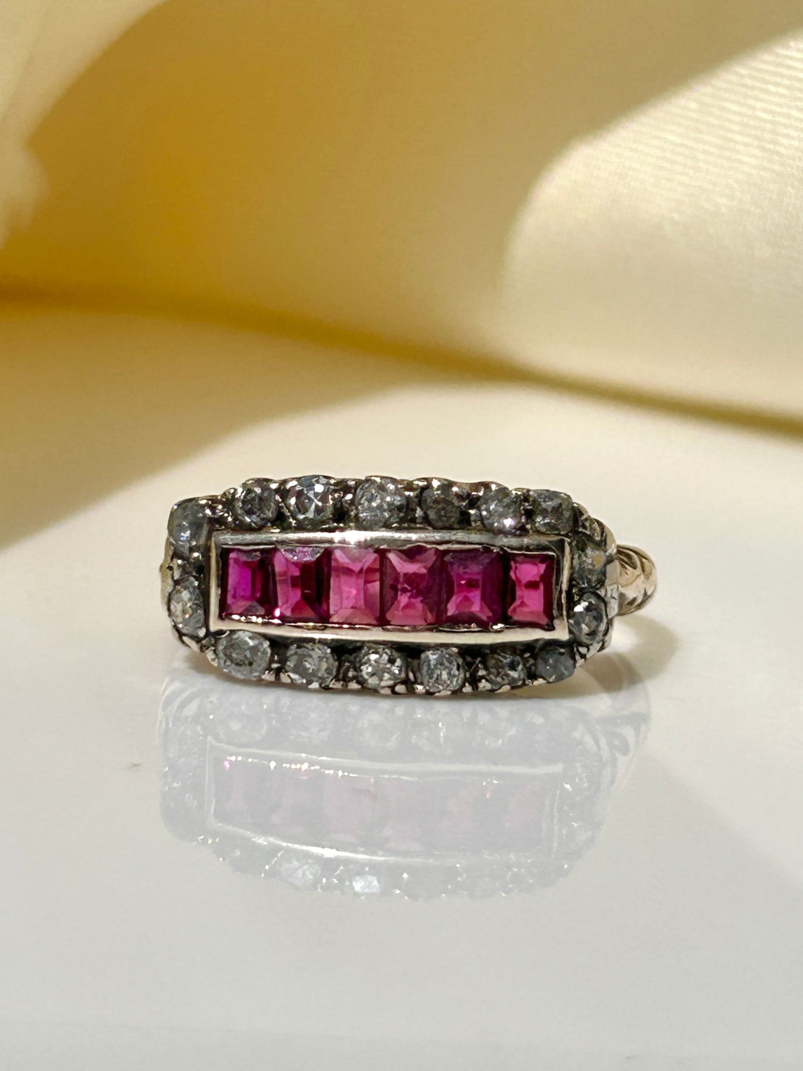 antique ruby and diamond c 1910 gold 3 row ring - 3