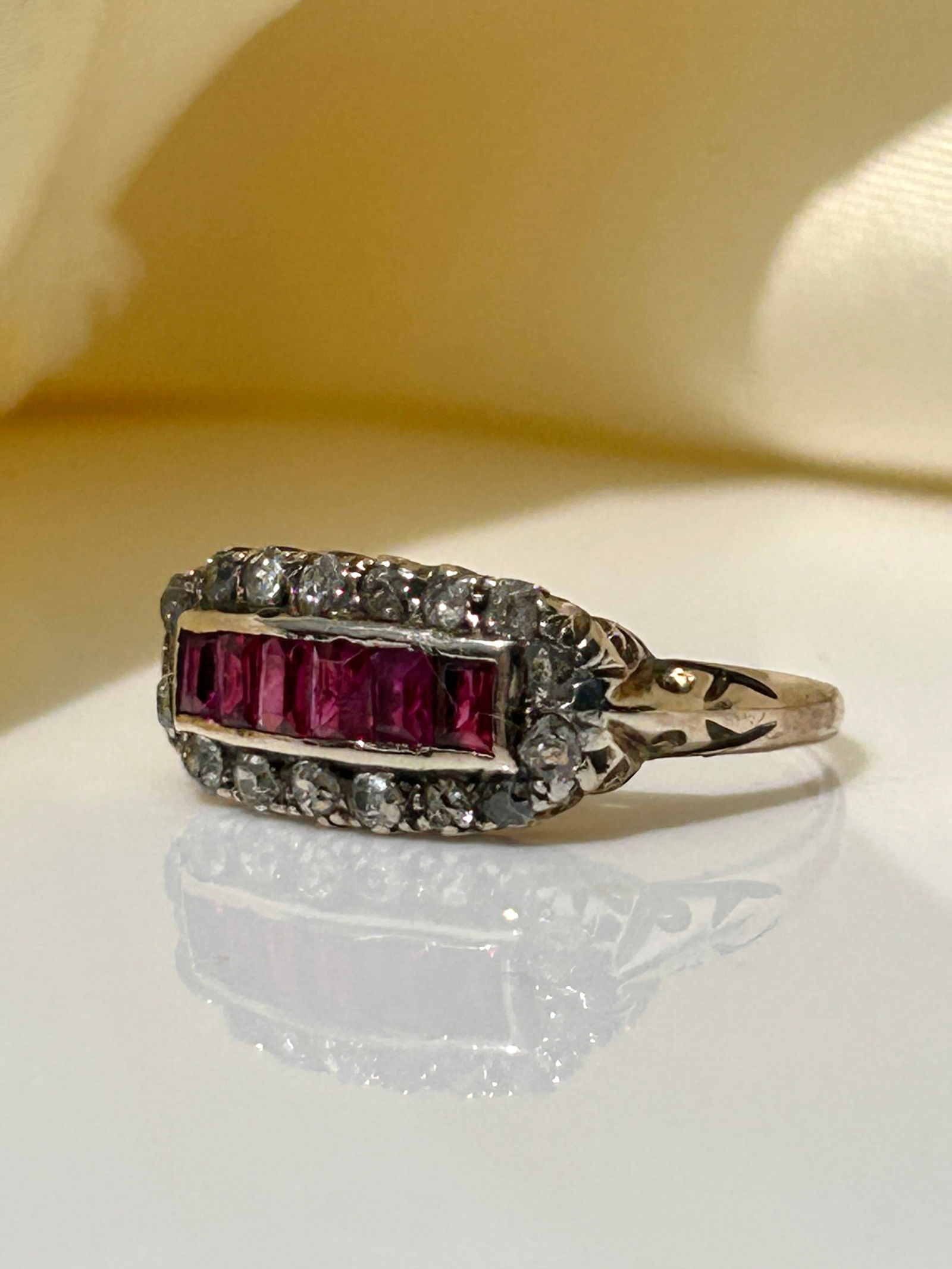 antique ruby and diamond c 1910 gold 3 row ring - 4