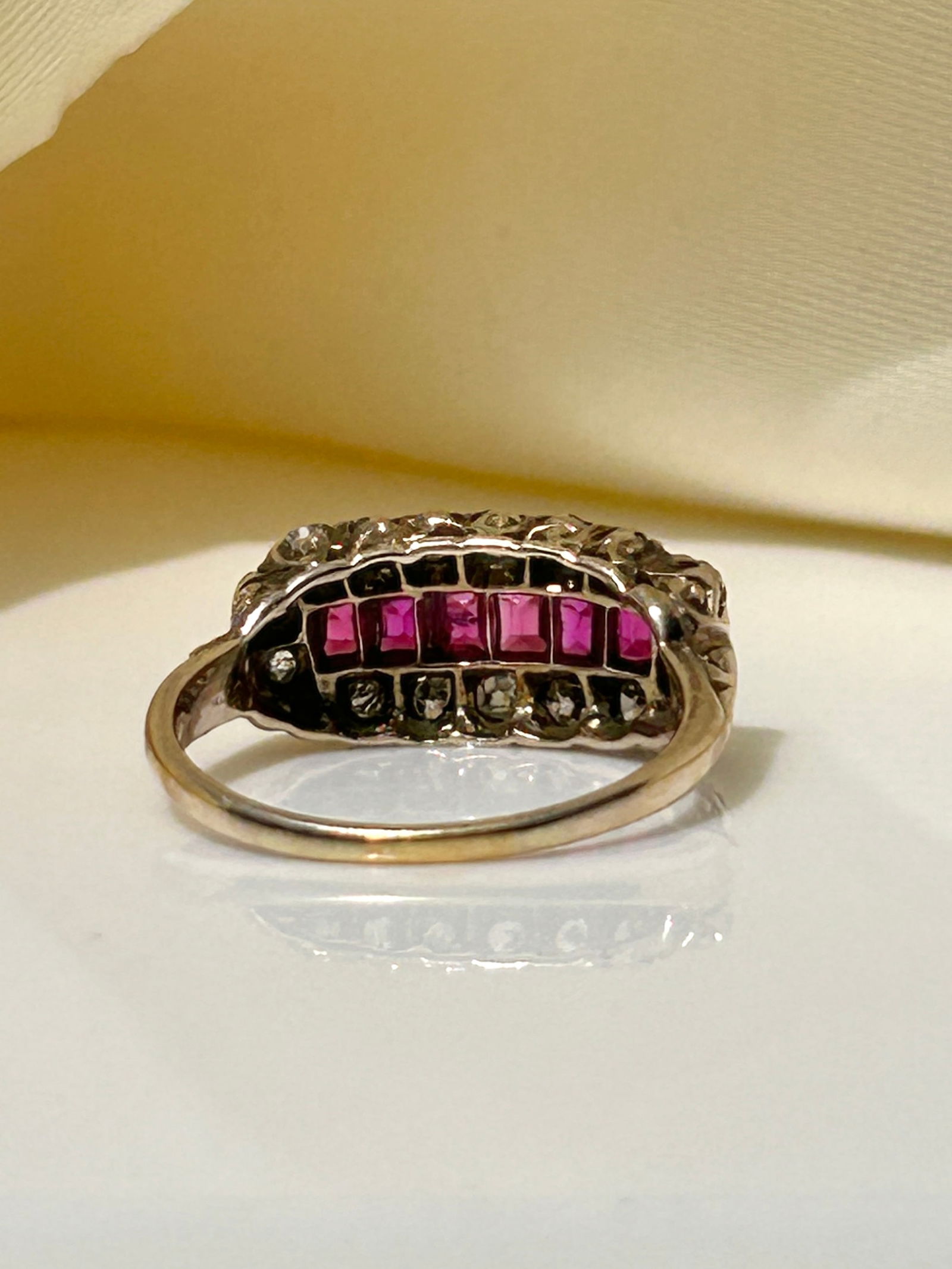 antique ruby and diamond c 1910 gold 3 row ring - 5
