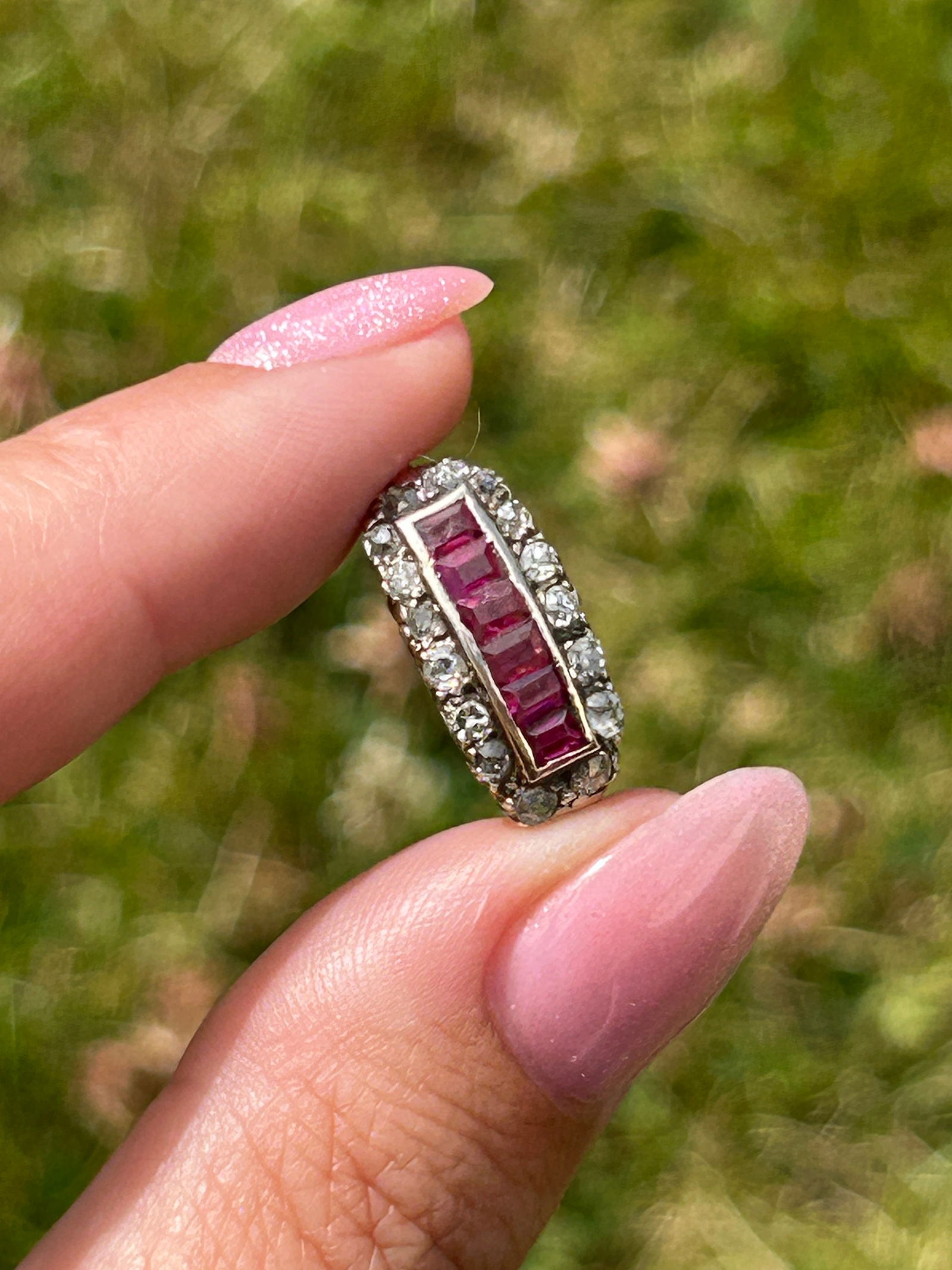 antique ruby and diamond c 1910 gold 3 row ring - 7