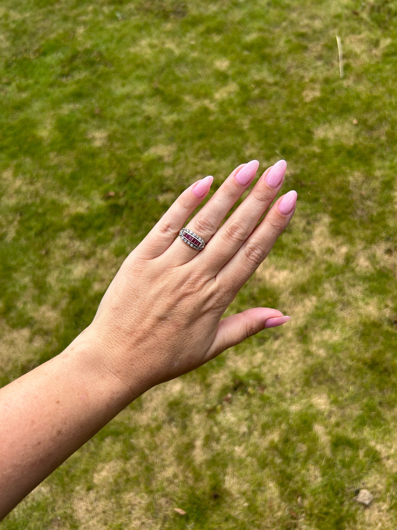 antique ruby and diamond c 1910 gold 3 row ring - 9