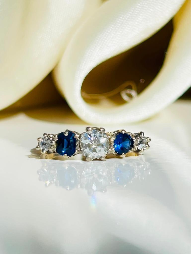 *Antique 18ct Yellow Gold Large Sapphire and Diamond 5 Stone Ring: Antique 18ct Yellow Gold Large Sapphire and Diamond 5 Stone Ring center diamond approx 50pts measurements size UK K US 51/2 head of ring 18mm x 5mm WEIGHT: 3.08g sta