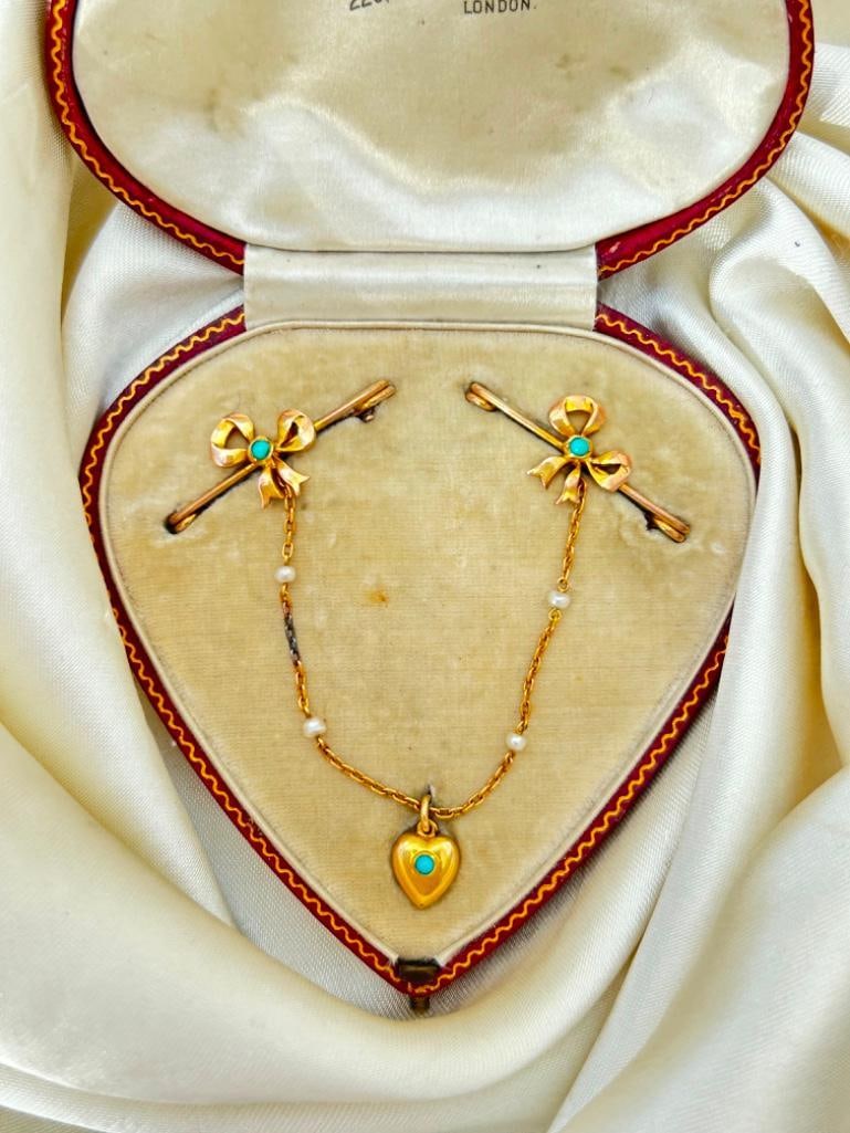 Mappin Brothers Victorian Turquoise and Pearl 9 Carat Gold Brooch - 3