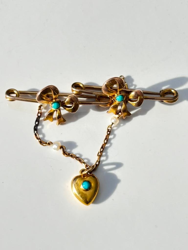 Mappin Brothers Victorian Turquoise and Pearl 9 Carat Gold Brooch - 5