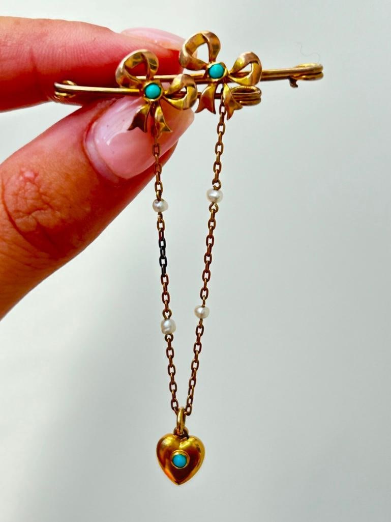 Mappin Brothers Victorian Turquoise and Pearl 9 Carat Gold Brooch - 6