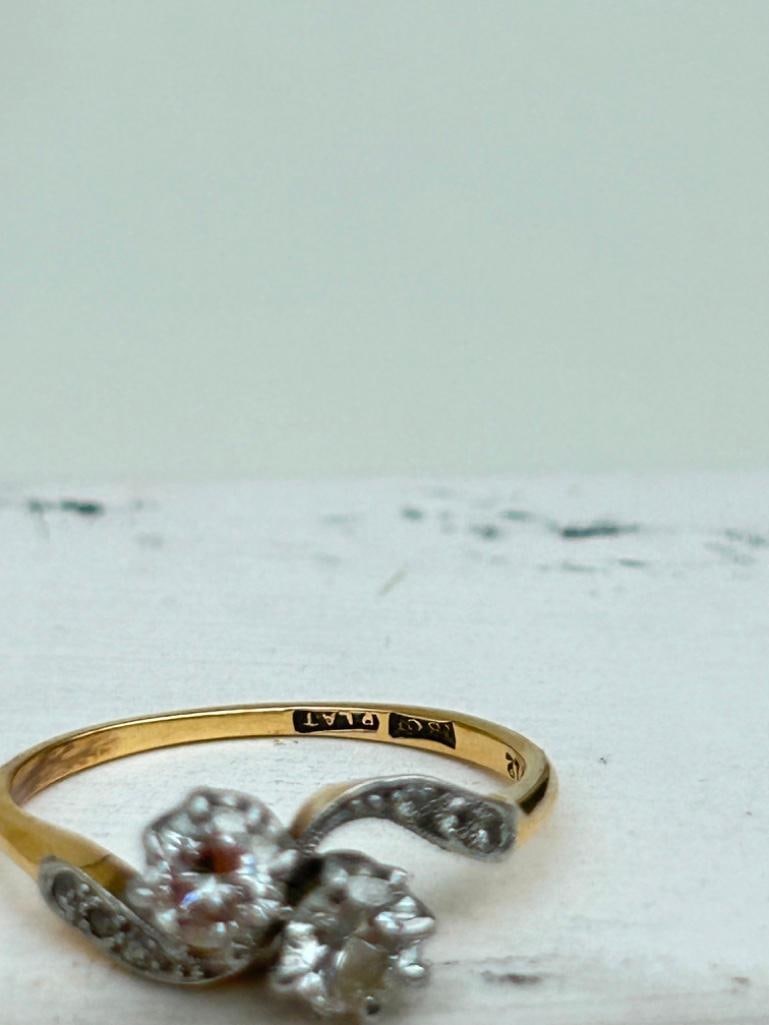 *18ct Yellow Gold x Platinum Diamond Cross Over “moi et toi” Ring - 7