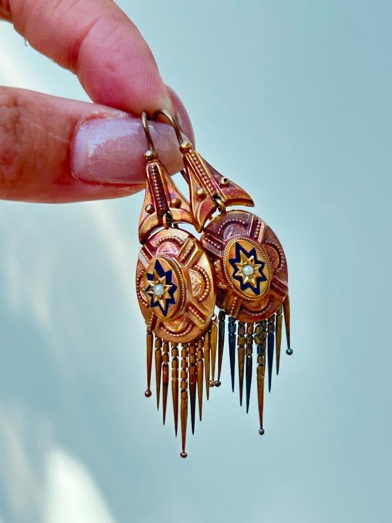 Antique Victorian Era 18ct Yellow Gold Blue Enamel Stars and Pearl Suite in Fitted Box - 10