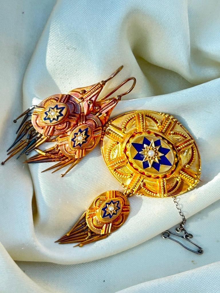 Antique Victorian Era 18ct Yellow Gold Blue Enamel Stars and Pearl Suite in Fitted Box - 12