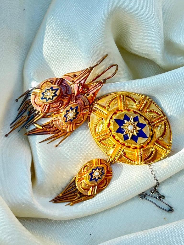 Antique Victorian Era 18ct Yellow Gold Blue Enamel Stars and Pearl Suite in Fitted Box - 13