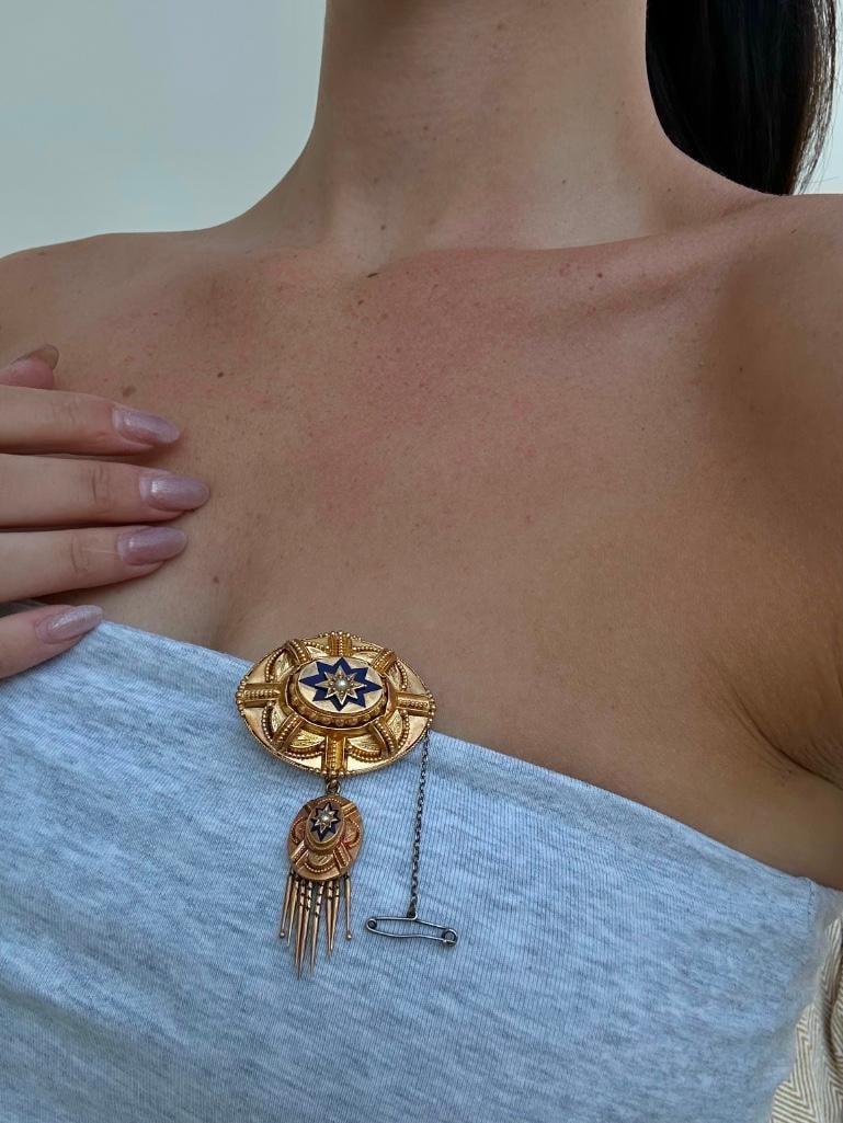 Antique Victorian Era 18ct Yellow Gold Blue Enamel Stars and Pearl Suite in Fitted Box - 2