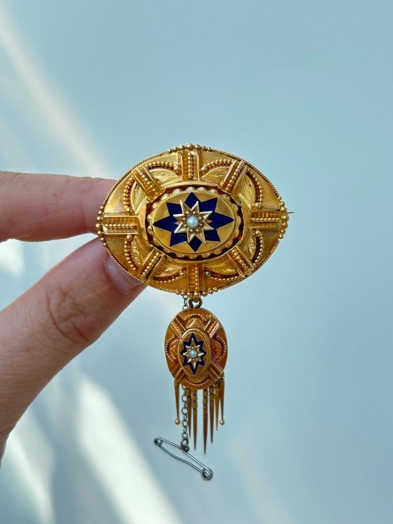 Antique Victorian Era 18ct Yellow Gold Blue Enamel Stars and Pearl Suite in Fitted Box - 5