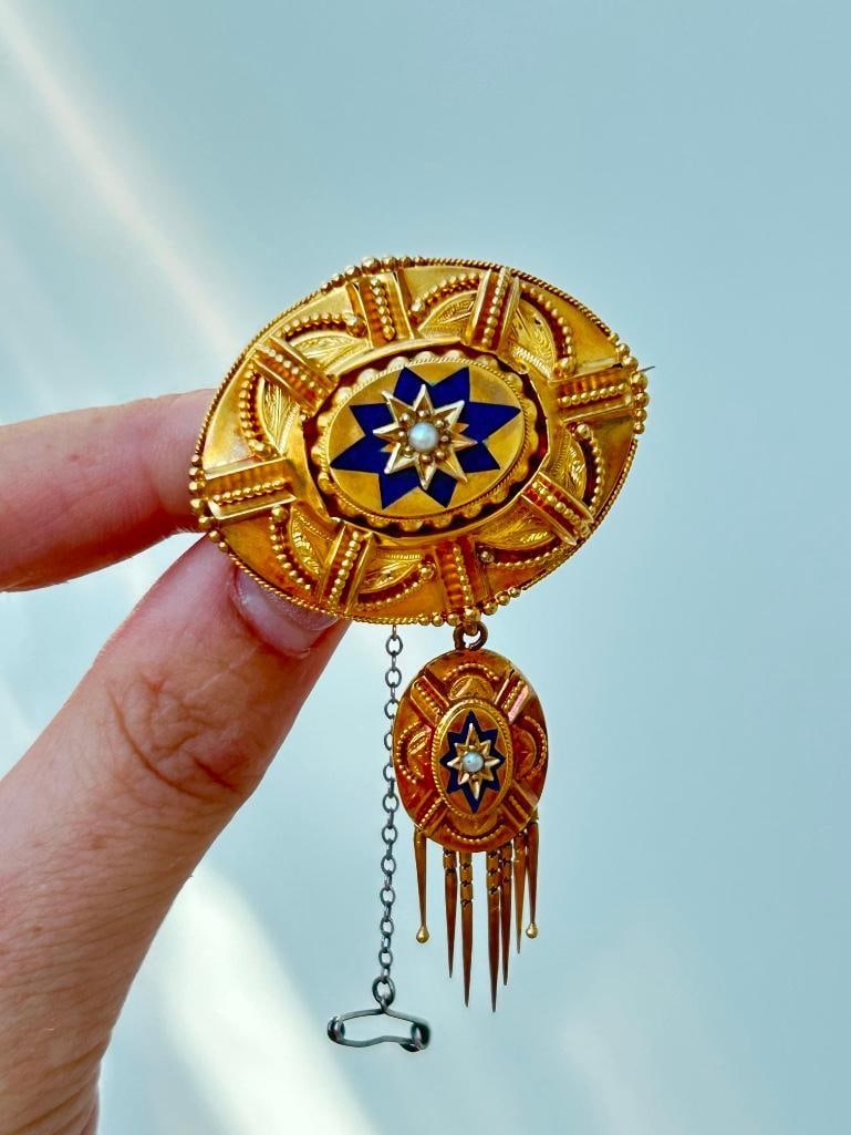 Antique Victorian Era 18ct Yellow Gold Blue Enamel Stars and Pearl Suite in Fitted Box - 8