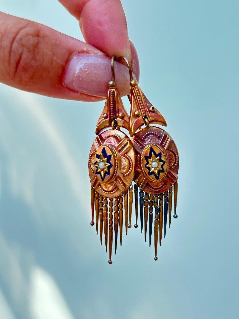 Antique Victorian Era 18ct Yellow Gold Blue Enamel Stars and Pearl Suite in Fitted Box - 9