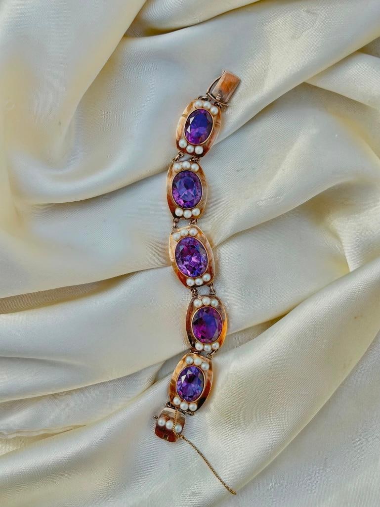 Antique 14ct Yellow Gold Chunky Stone Set Bracelet with Safety Chain - 2