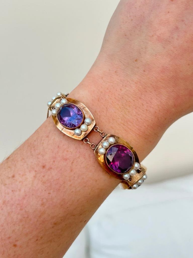 Antique 14ct Yellow Gold Chunky Stone Set Bracelet with Safety Chain - 5