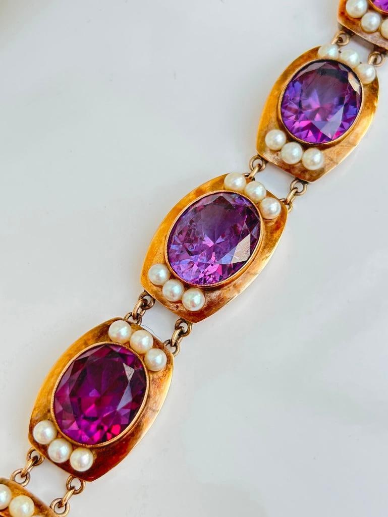 Antique 14ct Yellow Gold Chunky Stone Set Bracelet with Safety Chain - 9