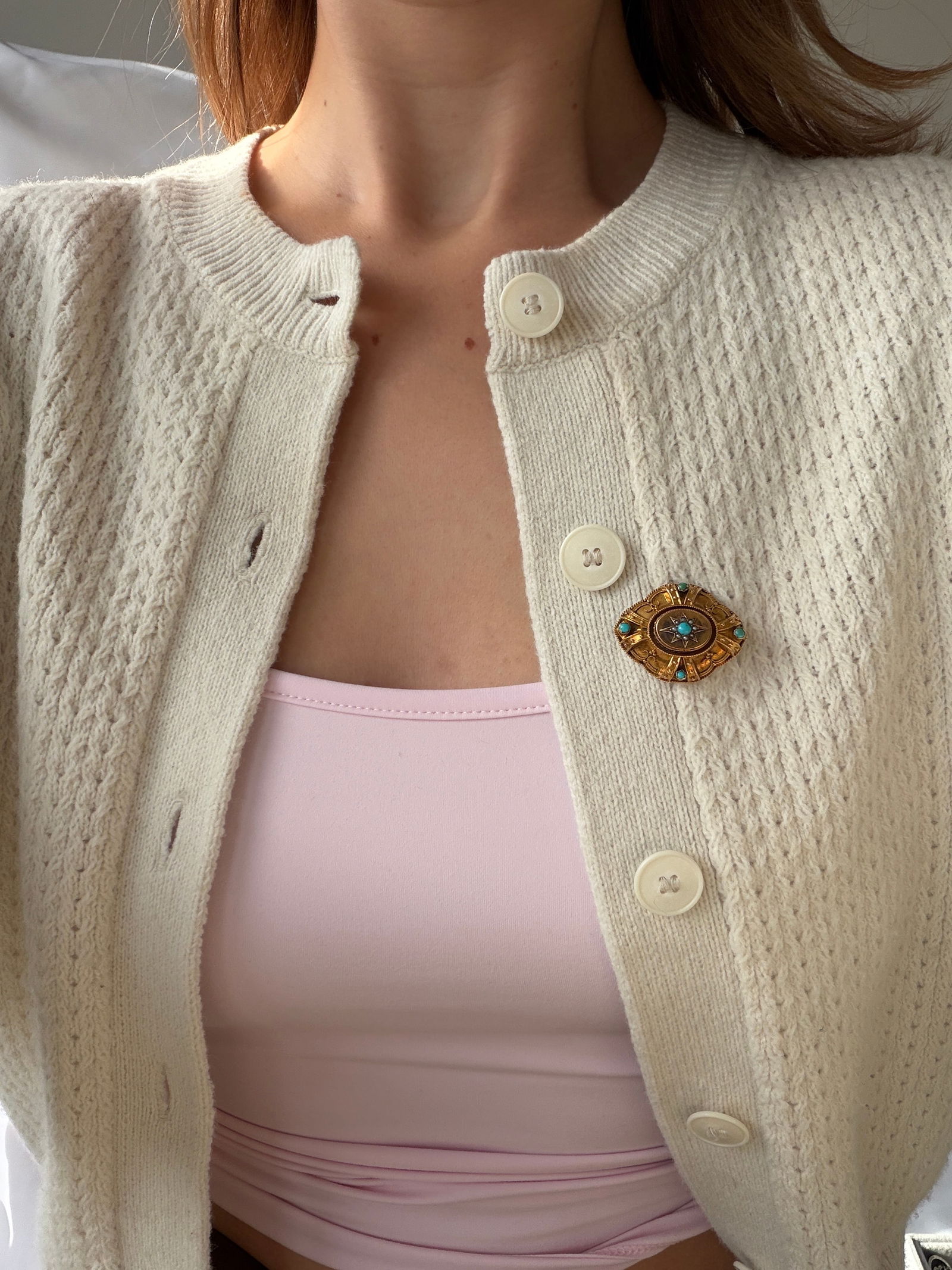 Large Victorian Era 15ct Yellow Gold Turquoise and Pearl Star Brooch with Locket Back - 7