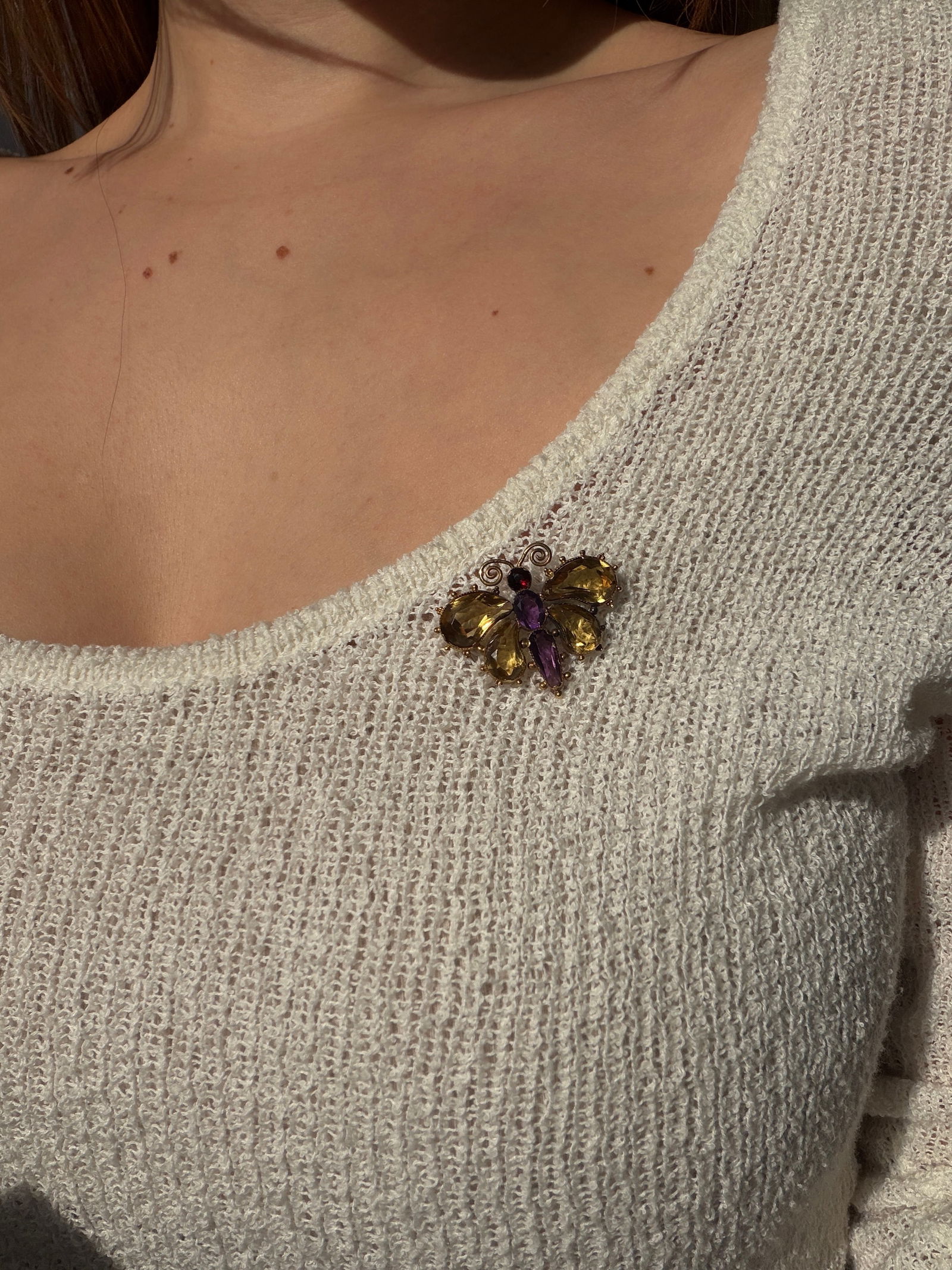 ANTIQUE 18CT YELLOW GOLD CITRINE, AMETHYST AND RED TOURMALINE BUTTERFLY BROOCH - 2