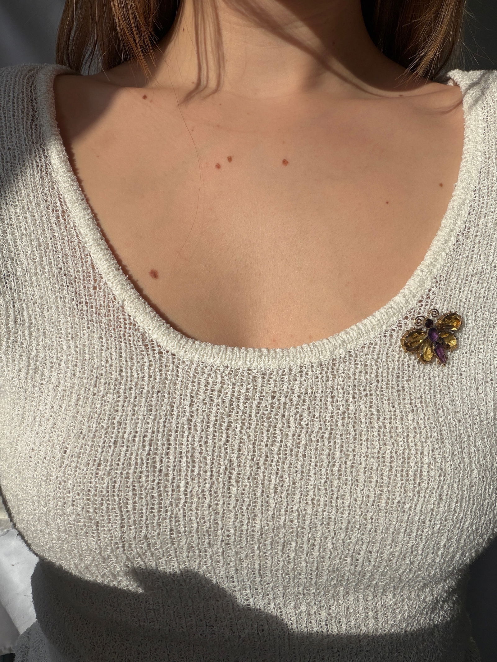 ANTIQUE 18CT YELLOW GOLD CITRINE, AMETHYST AND RED TOURMALINE BUTTERFLY BROOCH - 3