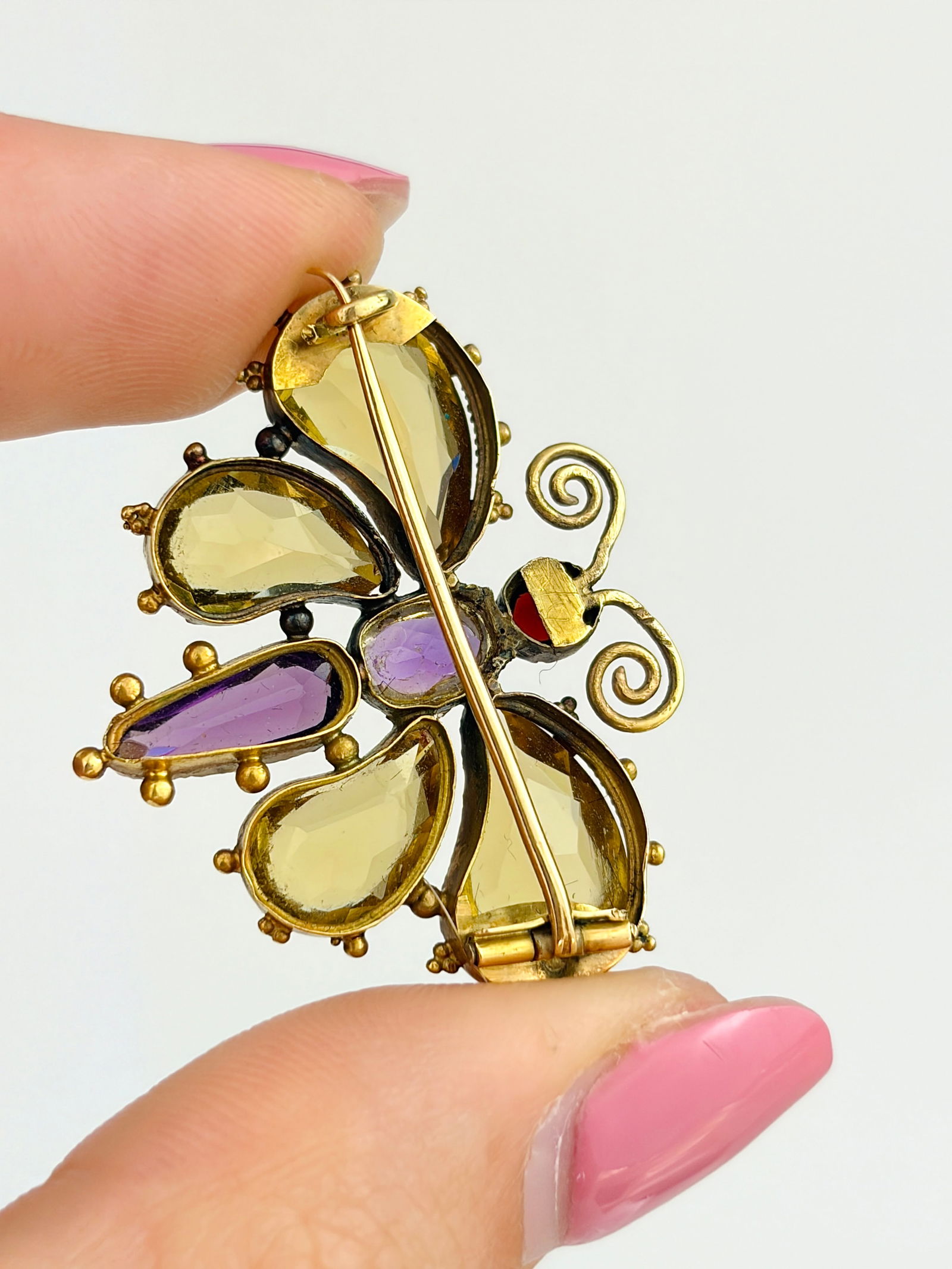 ANTIQUE 18CT YELLOW GOLD CITRINE, AMETHYST AND RED TOURMALINE BUTTERFLY BROOCH - 6