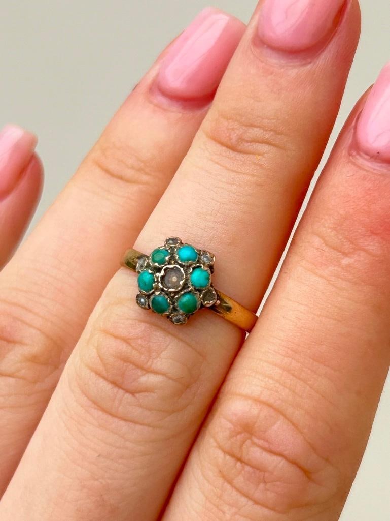 Antique Sweet Turquoise and Pearl Gold Ring - 4
