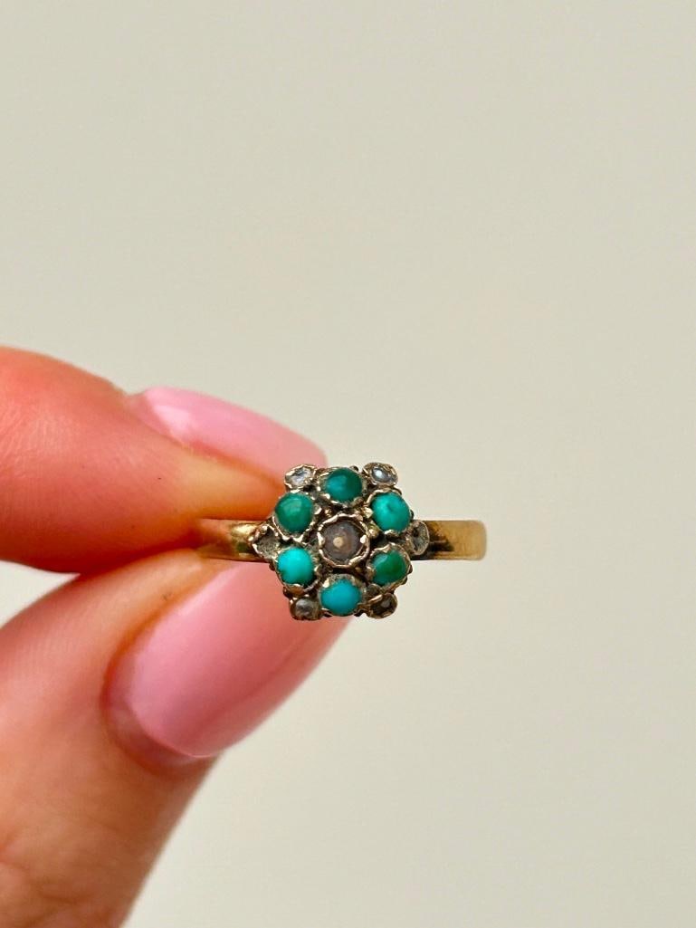 Antique Sweet Turquoise and Pearl Gold Ring - 5