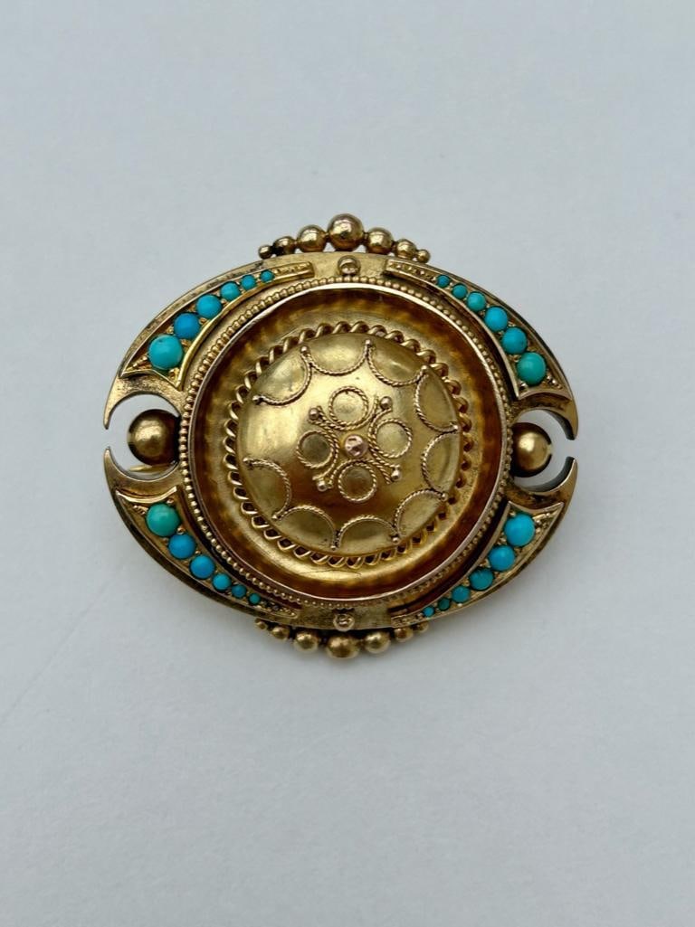 Antique Gold Large Turquoise Brooch - 4
