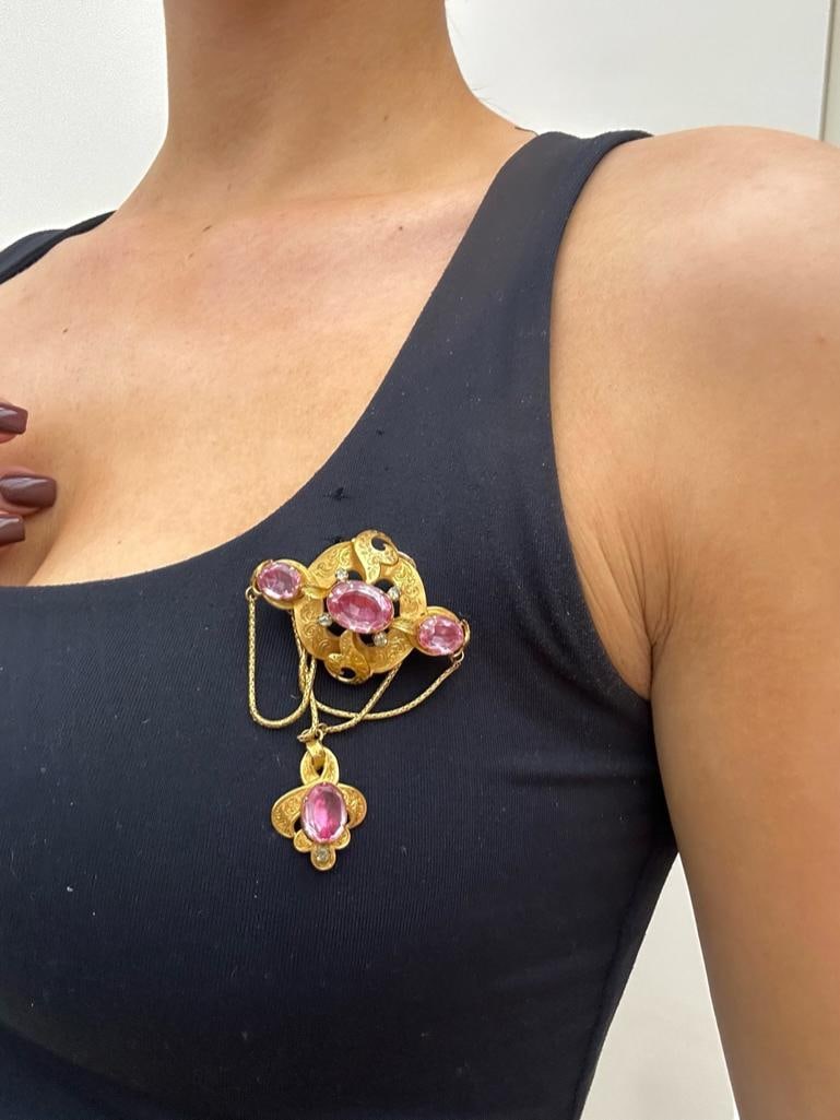 Antique Gold Foiled Amethyst and Crystal Brooch/Pendant - 2