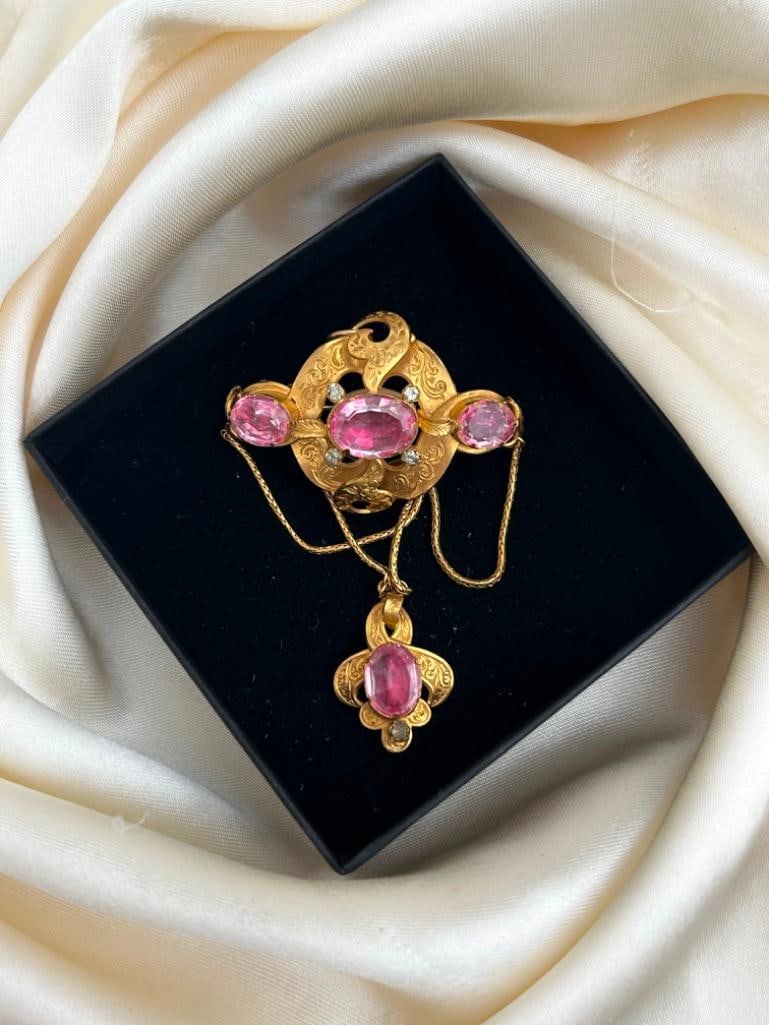 Antique Gold Foiled Amethyst and Crystal Brooch/Pendant - 3