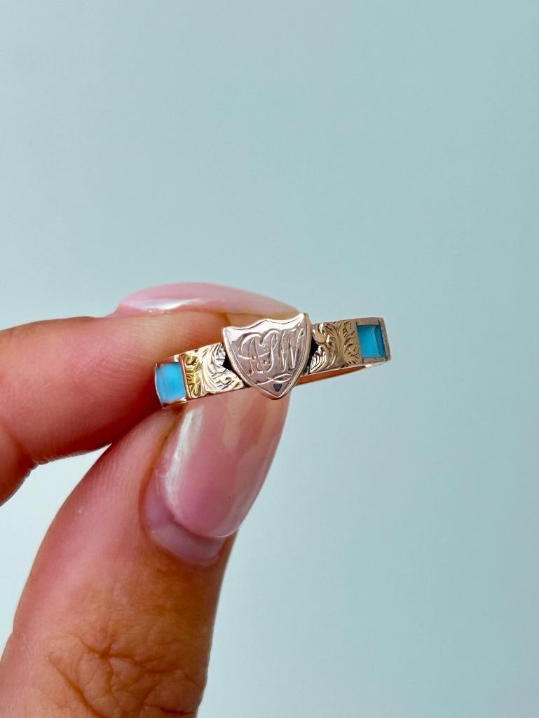 Antique gold blue enamel shield front ring - 2