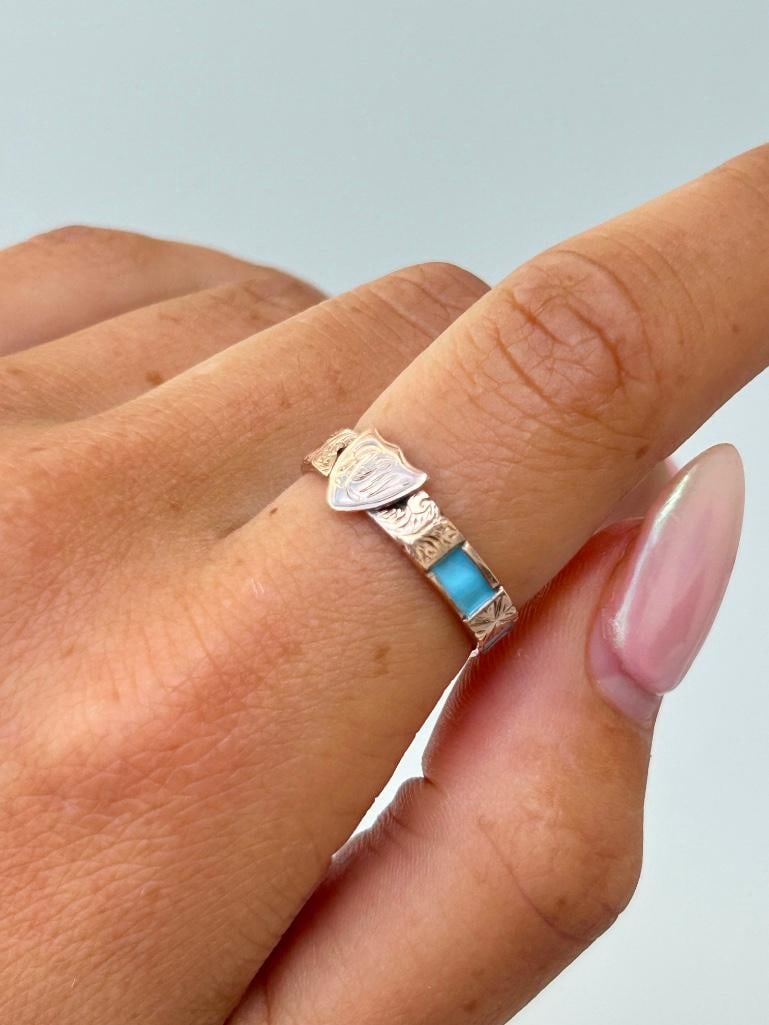 Antique gold blue enamel shield front ring - 3