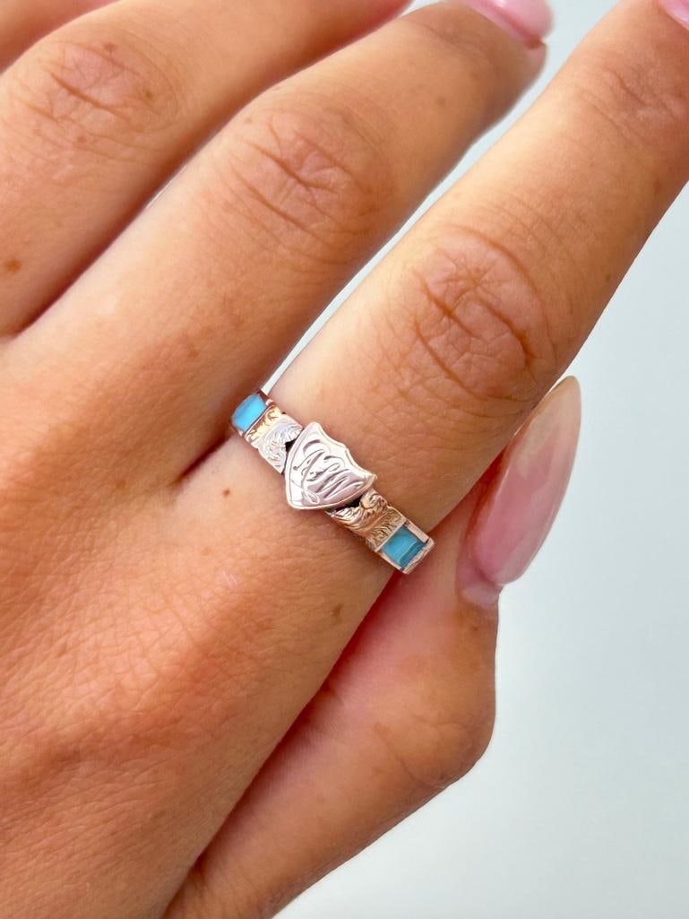 Antique gold blue enamel shield front ring - 4