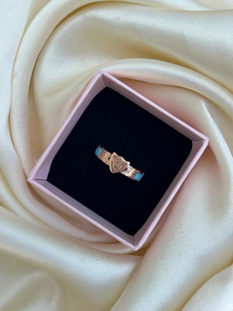 Antique gold blue enamel shield front ring - 5