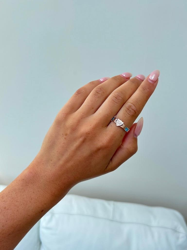 Antique gold blue enamel shield front ring - 6