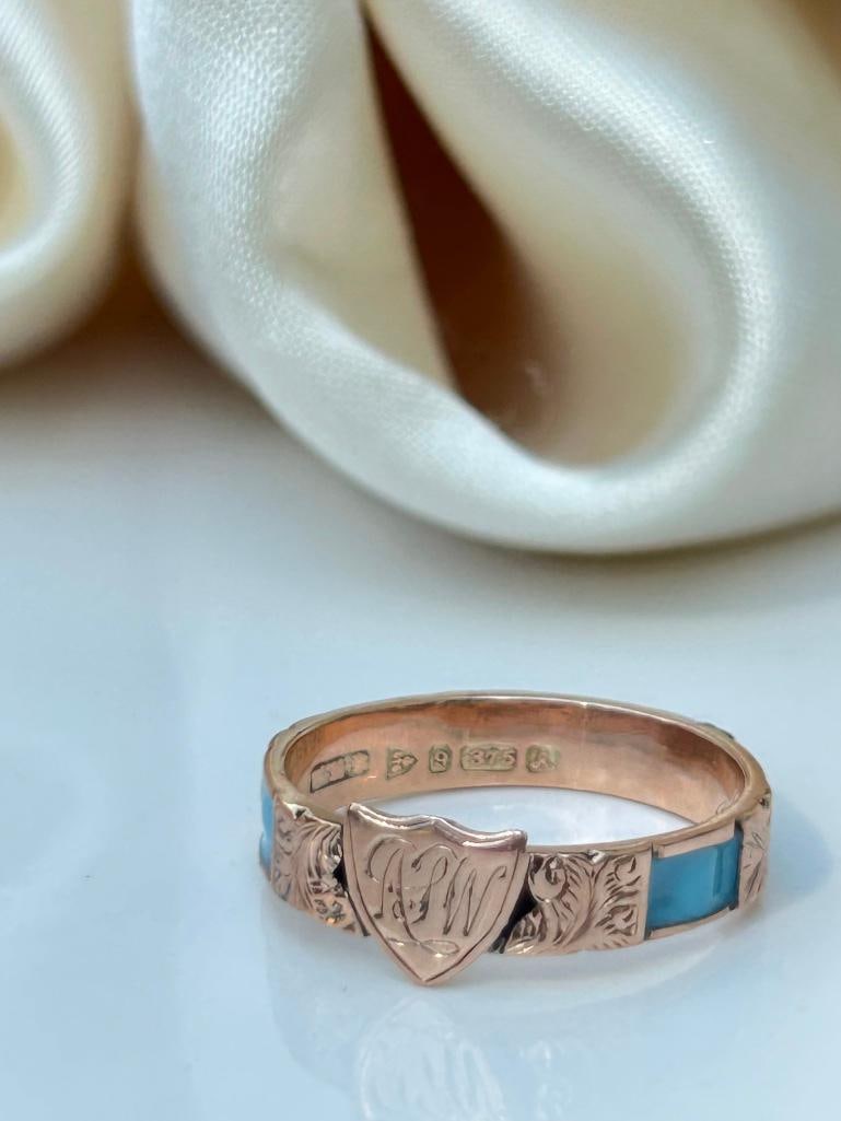 Antique gold blue enamel shield front ring - 7